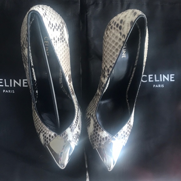 CELINE TRIANGLE HEEL METALLIC TOE PYTHON PUMP - Picture 3 of 5